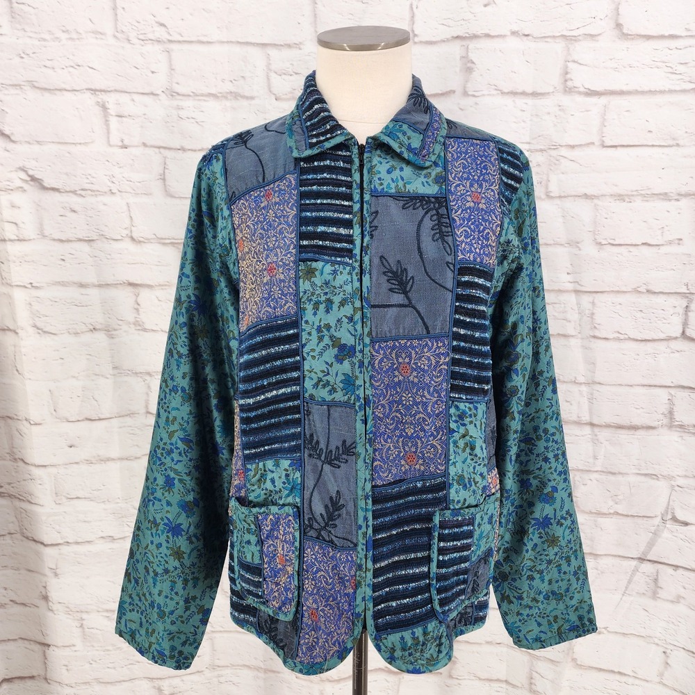 Vintage Coldwater Creek Patchwork Jacket Boho Cottage Silk Whimsy Eclectic Large